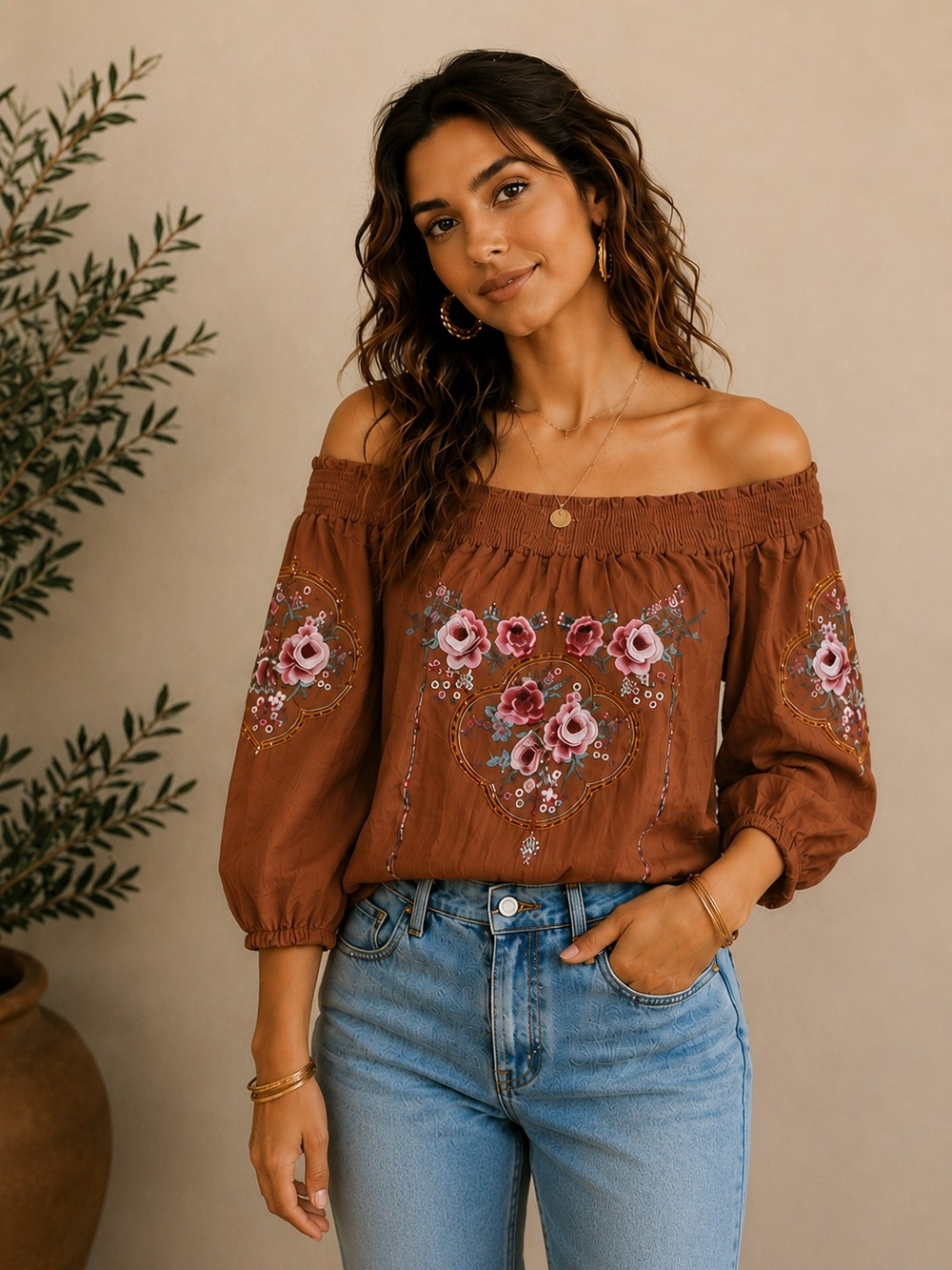 On/Off-Shoulder Brown Floral Embroidered Peasant Top - NWOT - Picture 1 of 4